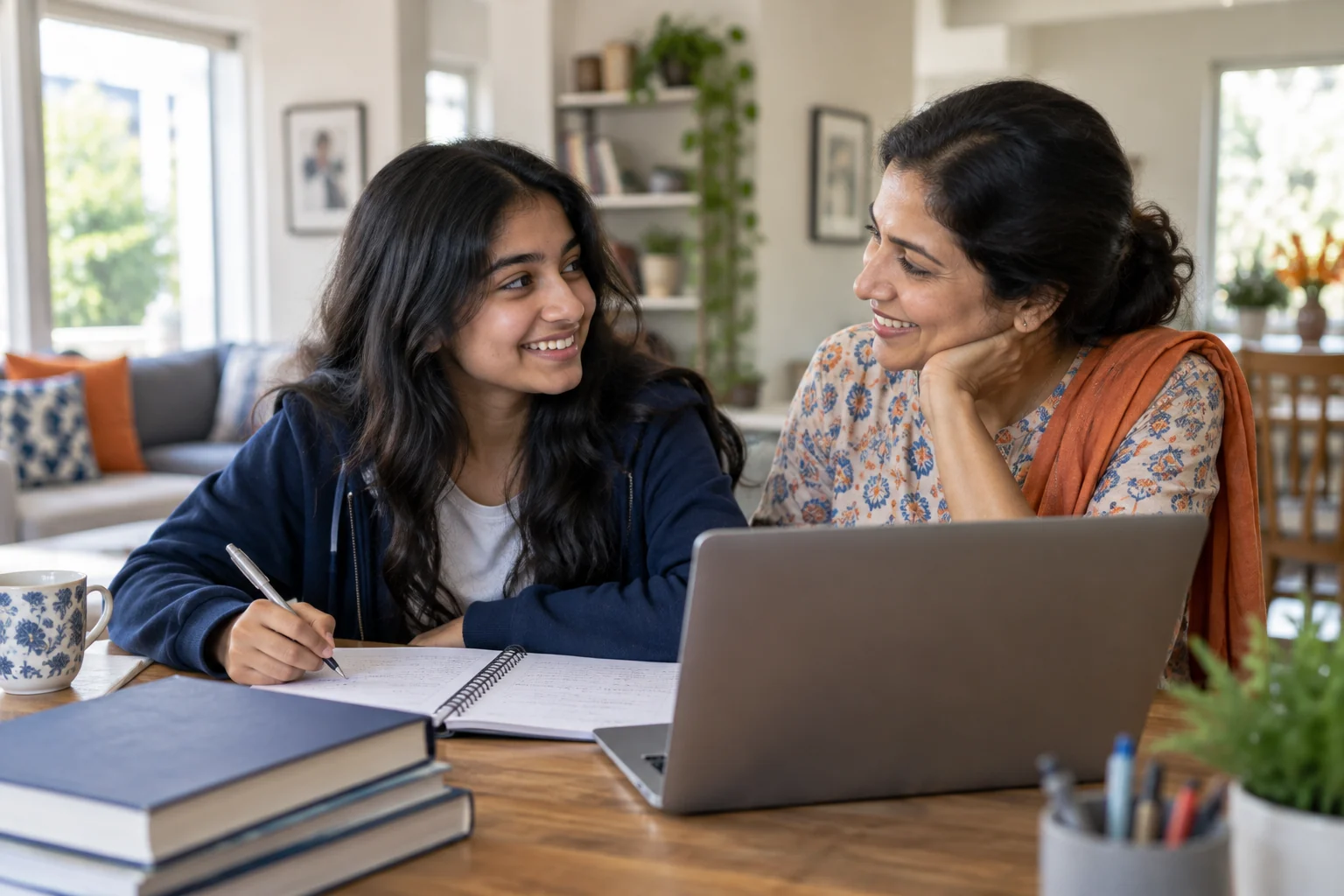 Illustrative scene of a mother and teenage daughter studying together